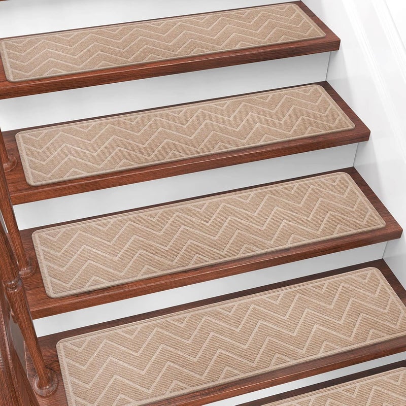DK177 Stair Treads for Wooden Steps, 15 Pack 8"x30" Non-Slip Indoor Carpet Stair Treads with Reusable Polyester TPE Backing for Kids Elders and Pets (Beige, 15PCS) - Image 1